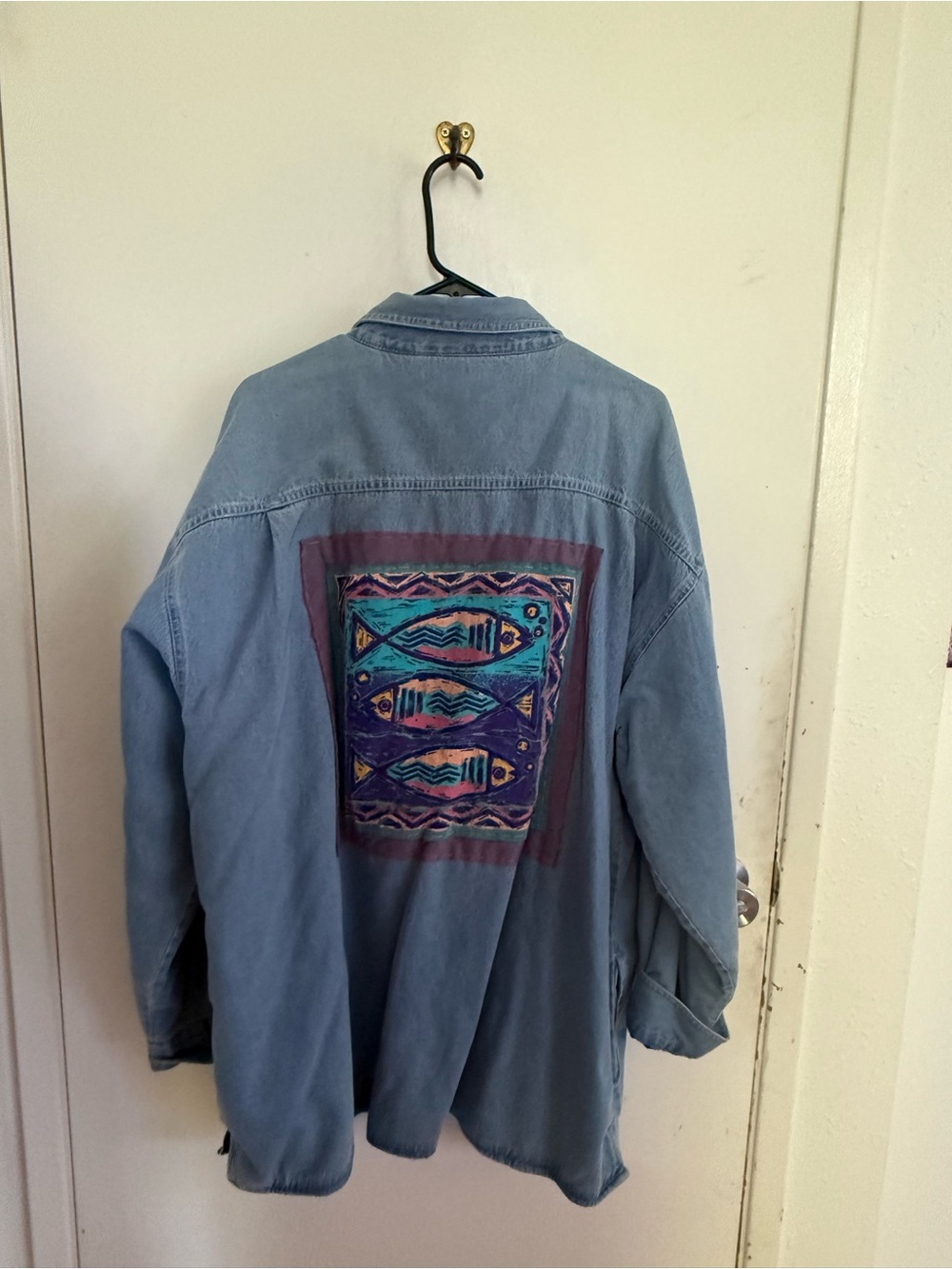 Light Blue Denim Fleece Lined Jacket with Colorful Fish Print Back Panel